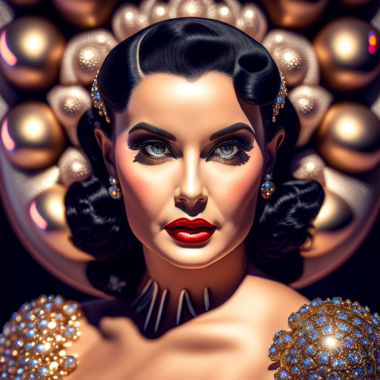 Vintage-inspired Glamorous Woman Portrait with Dramatic Makeup and Gold Jewelry