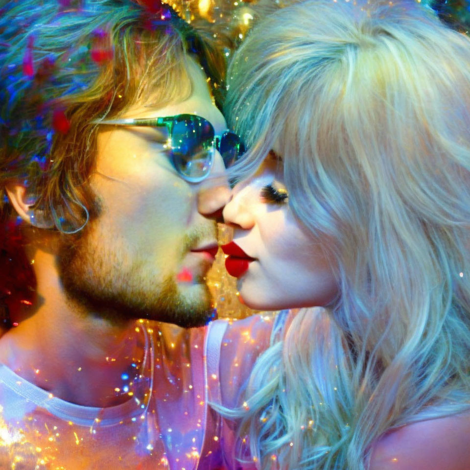 Man and woman in colorful bokeh lights embrace closely