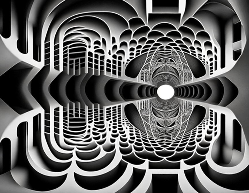 Abstract black and white fractal design with repeating patterns and central bright light