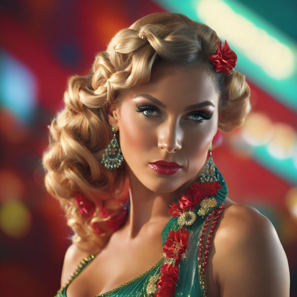 Vintage wavy hair woman in green attire with red flower and earrings, colorful blurred backdrop