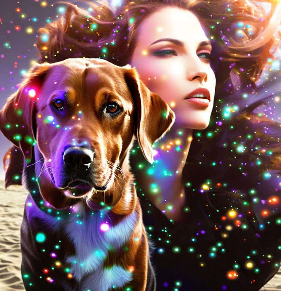 Photorealistic image of woman with beagle in cosmic background