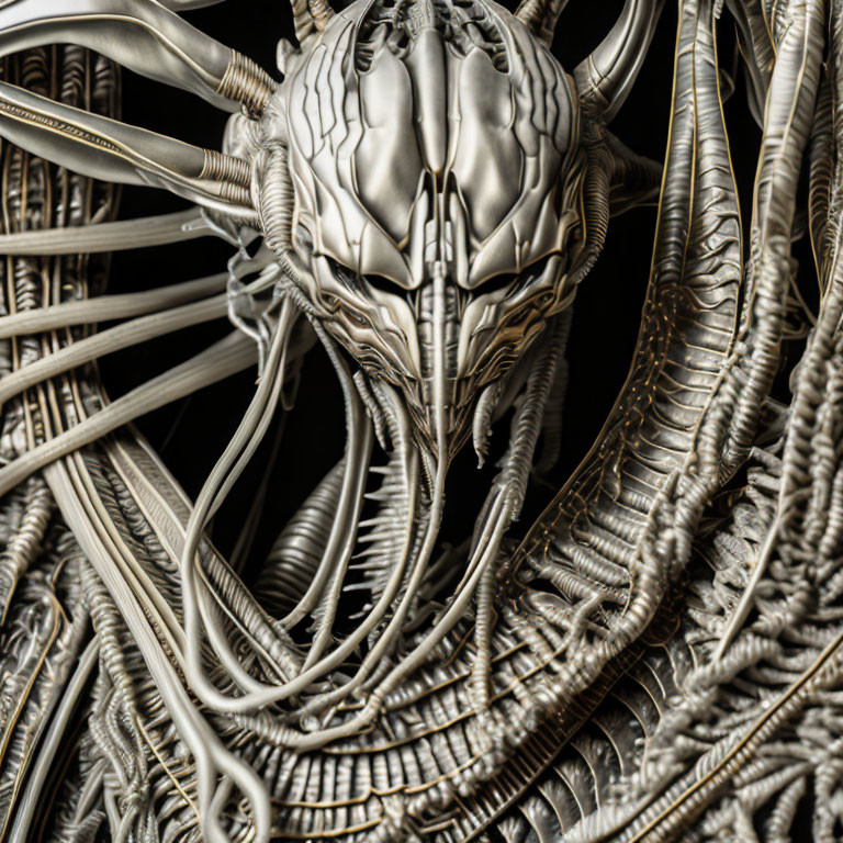 Detailed metallic alien head with intricate cables and tubing design.