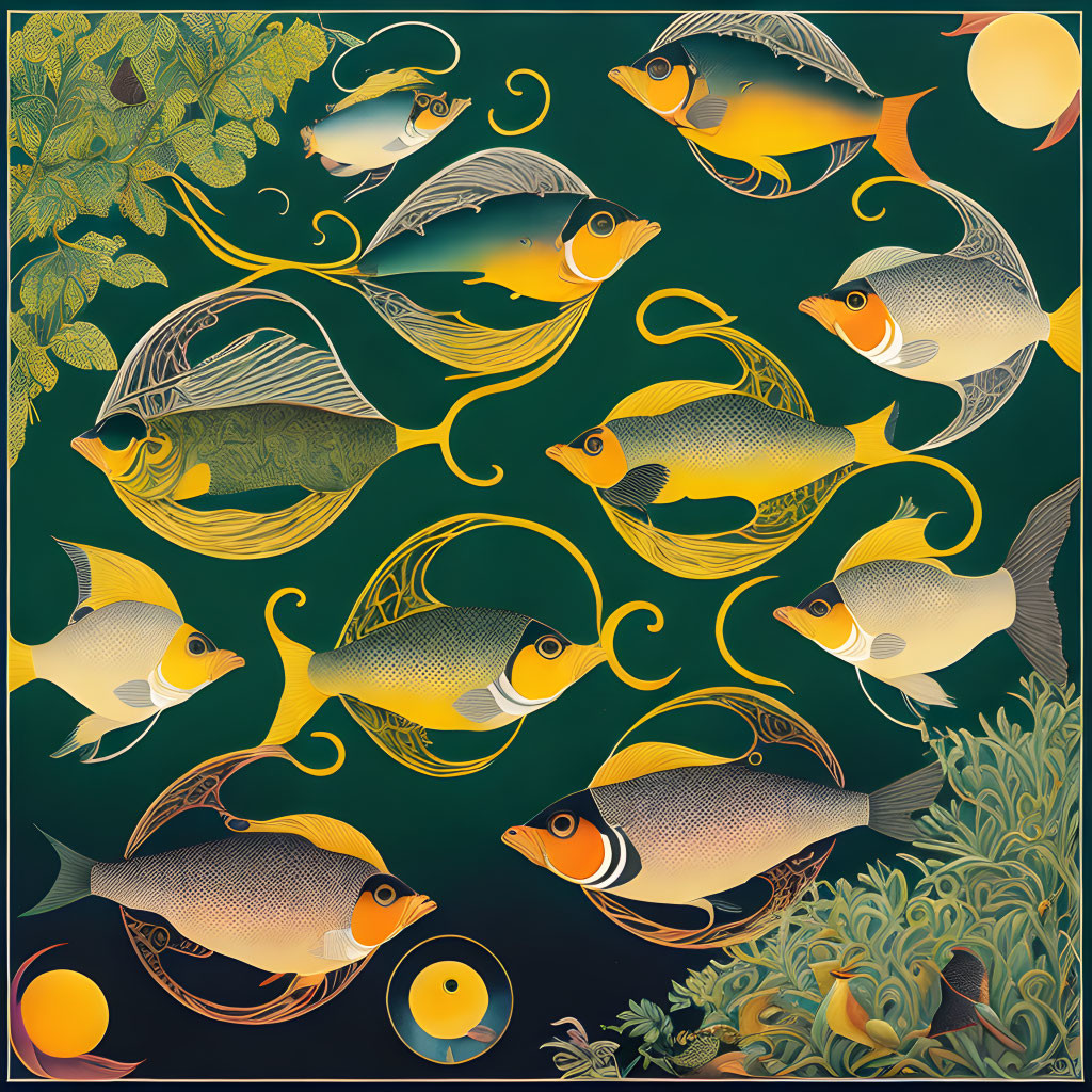 Colorful Fish and Aquatic Plants Illustration in Orange, Yellow, and Green Palette