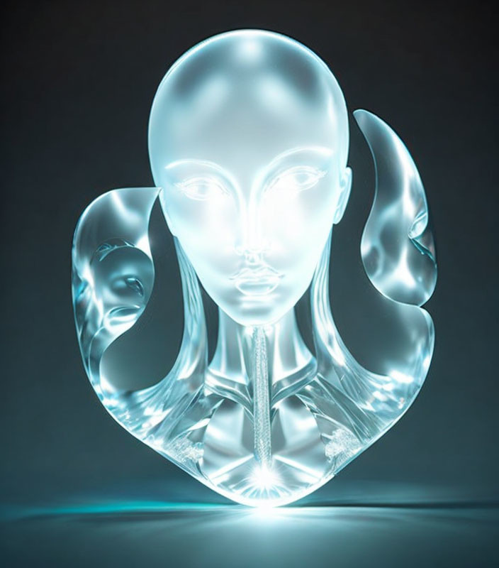 Translucent glowing human-like face sculpture on dark blue background