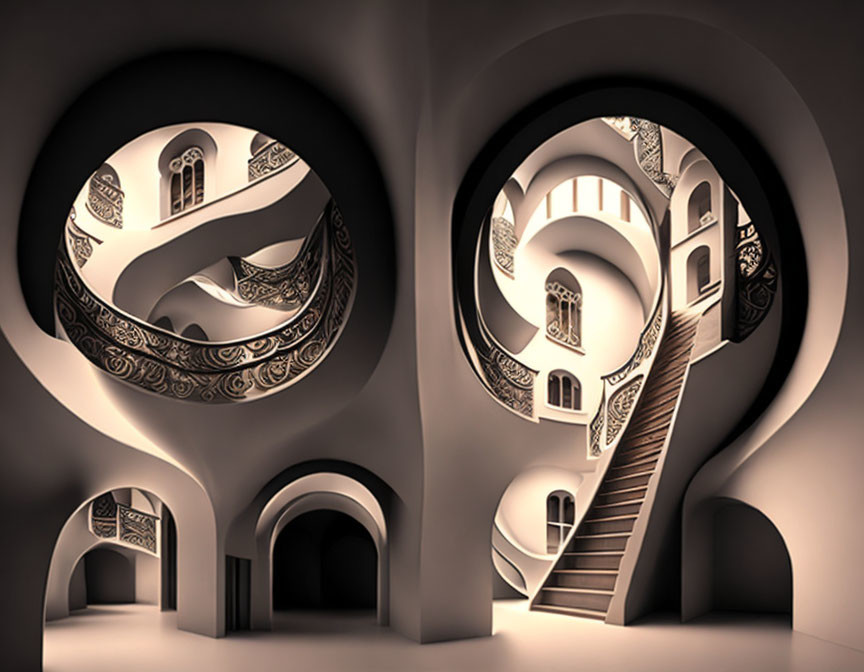 Surrealist artwork with impossible architecture and looping design