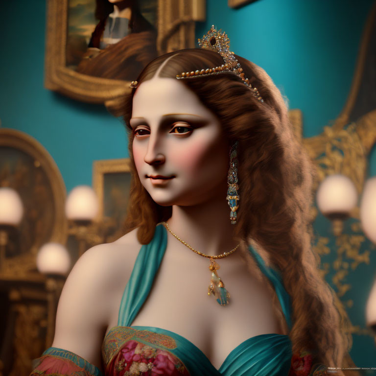 Digital artwork of woman in tiara, turquoise dress, gold jewelry