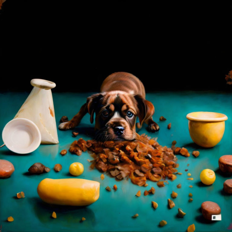 Brown Puppy with Spilled Vase and Food on Green Surface