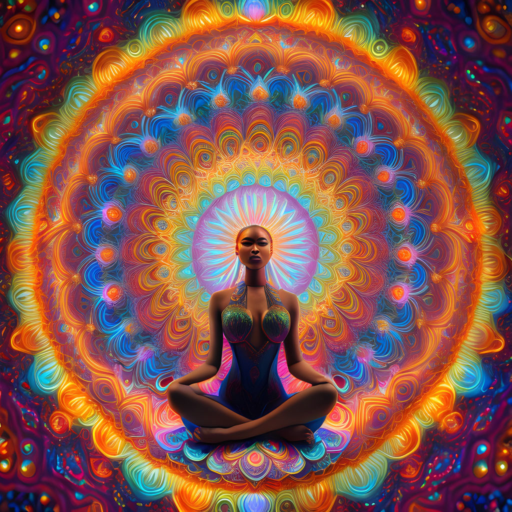 Person meditating surrounded by vibrant mandala patterns