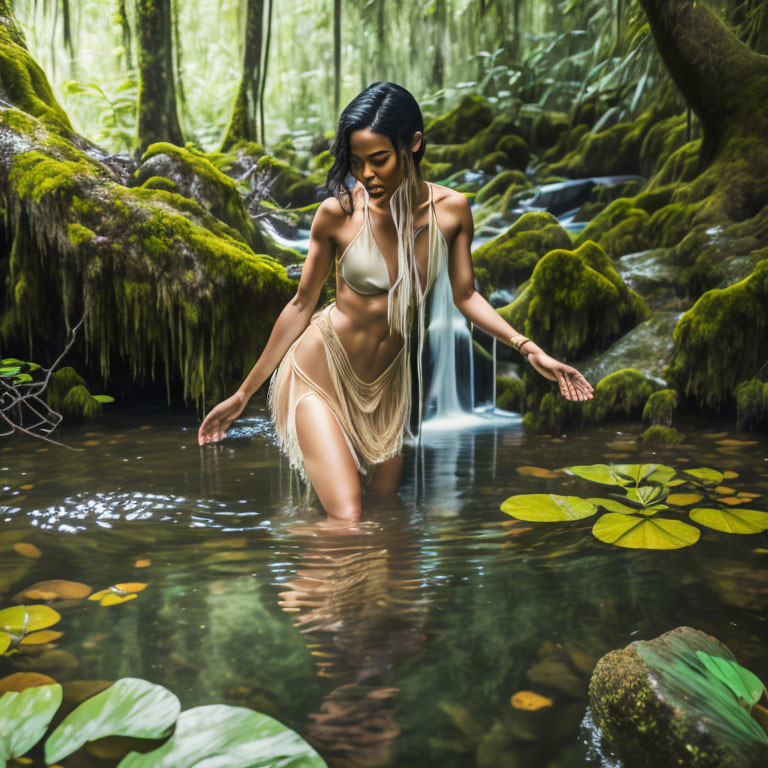 Woman in beige swimsuit wading forest stream with moss-covered rocks