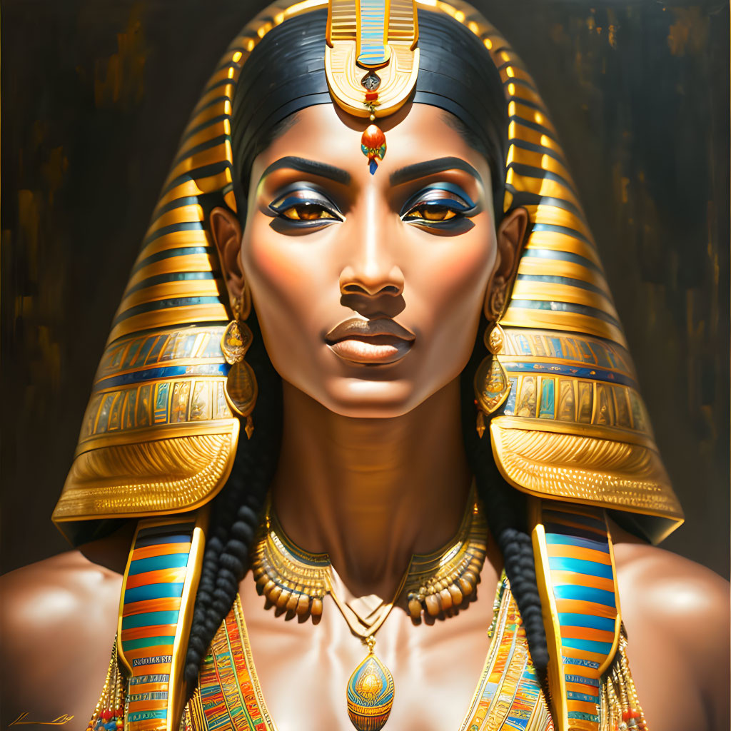 Ancient Egyptian queen portrayed with gold headdress and traditional makeup