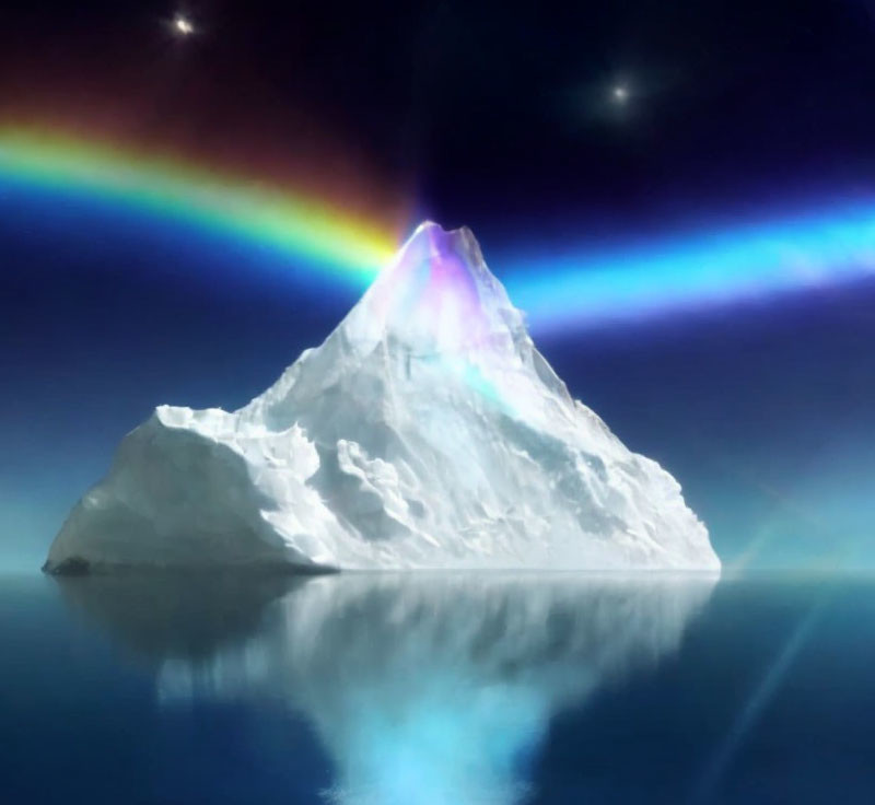 Iceberg Floating Under Multicolored Aurora and Stars