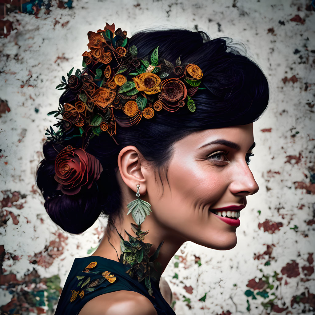 Smiling woman with dark hair in bun, adorned with paper flowers on rustic backdrop