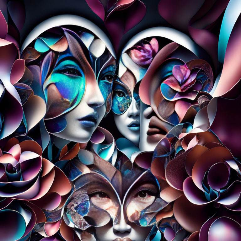 Abstract surreal artwork: Interwoven faces with floral patterns