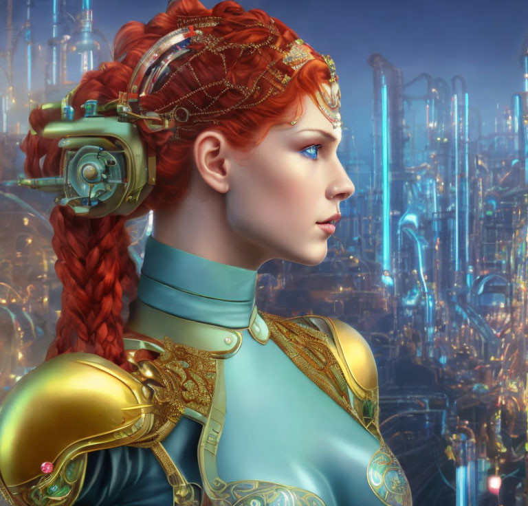 Red-haired female cyborg with intricate headgear in futuristic cityscape