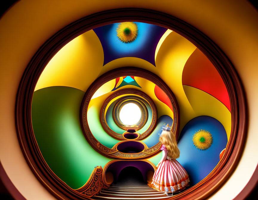 Colorful Spiral Staircase with Intricate Patterns and Circular Opening