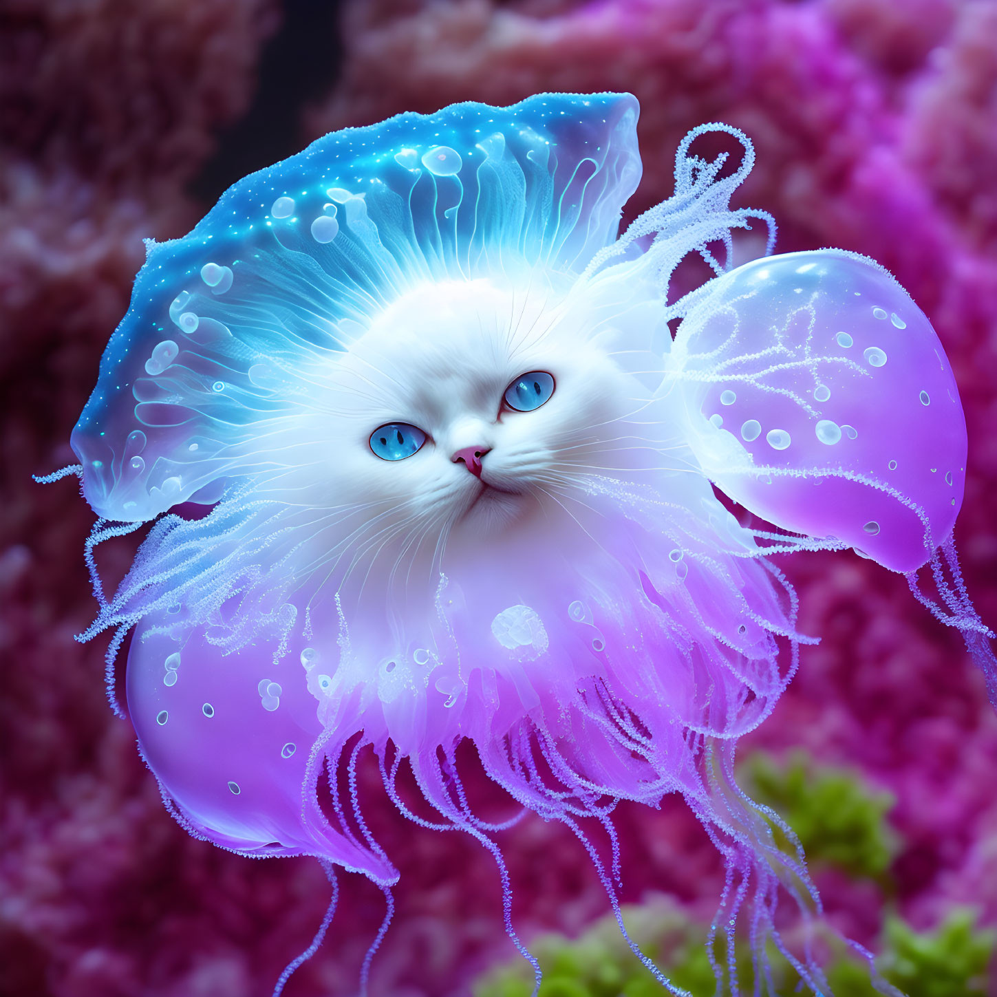 Surreal Cat with Jellyfish Features on Coral Background