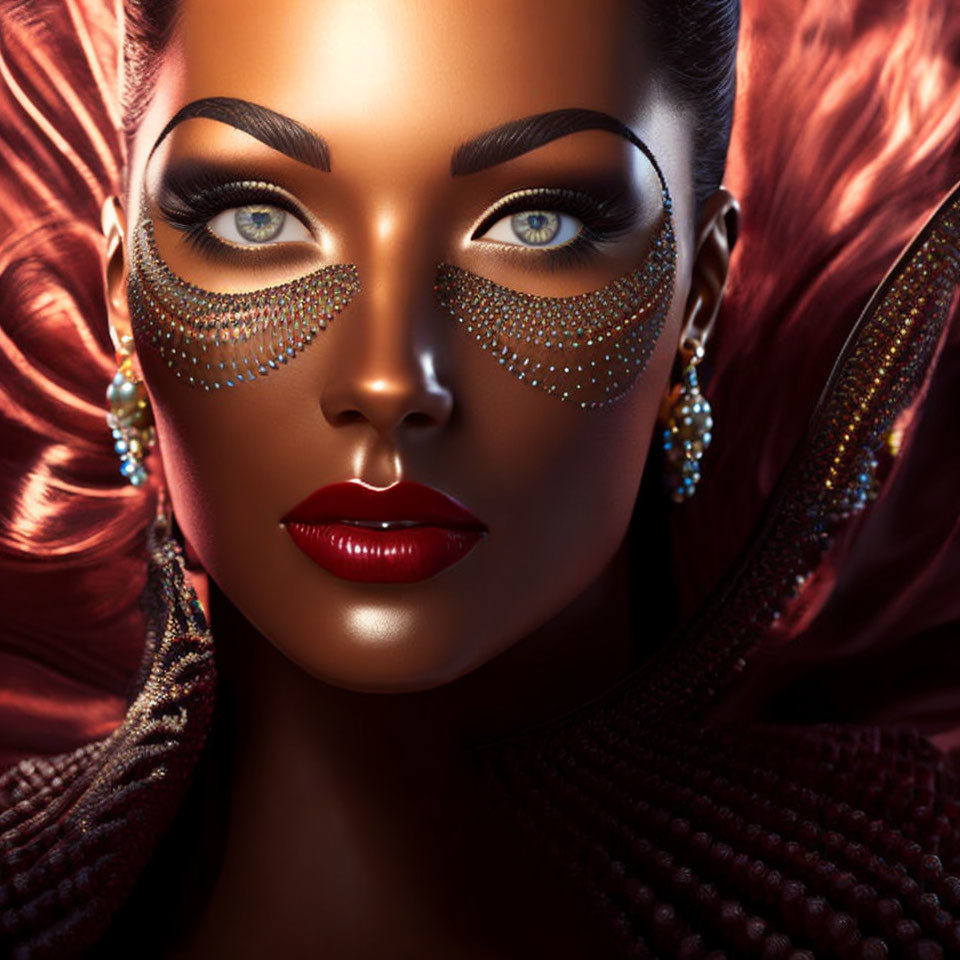 Bronze-skinned woman with blue eyes and red lips in glittering makeup portrait