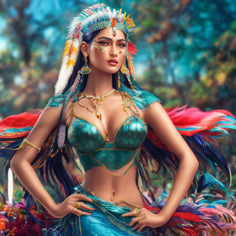 Woman with Feather Headdress and Gold Jewelry in Nature Setting