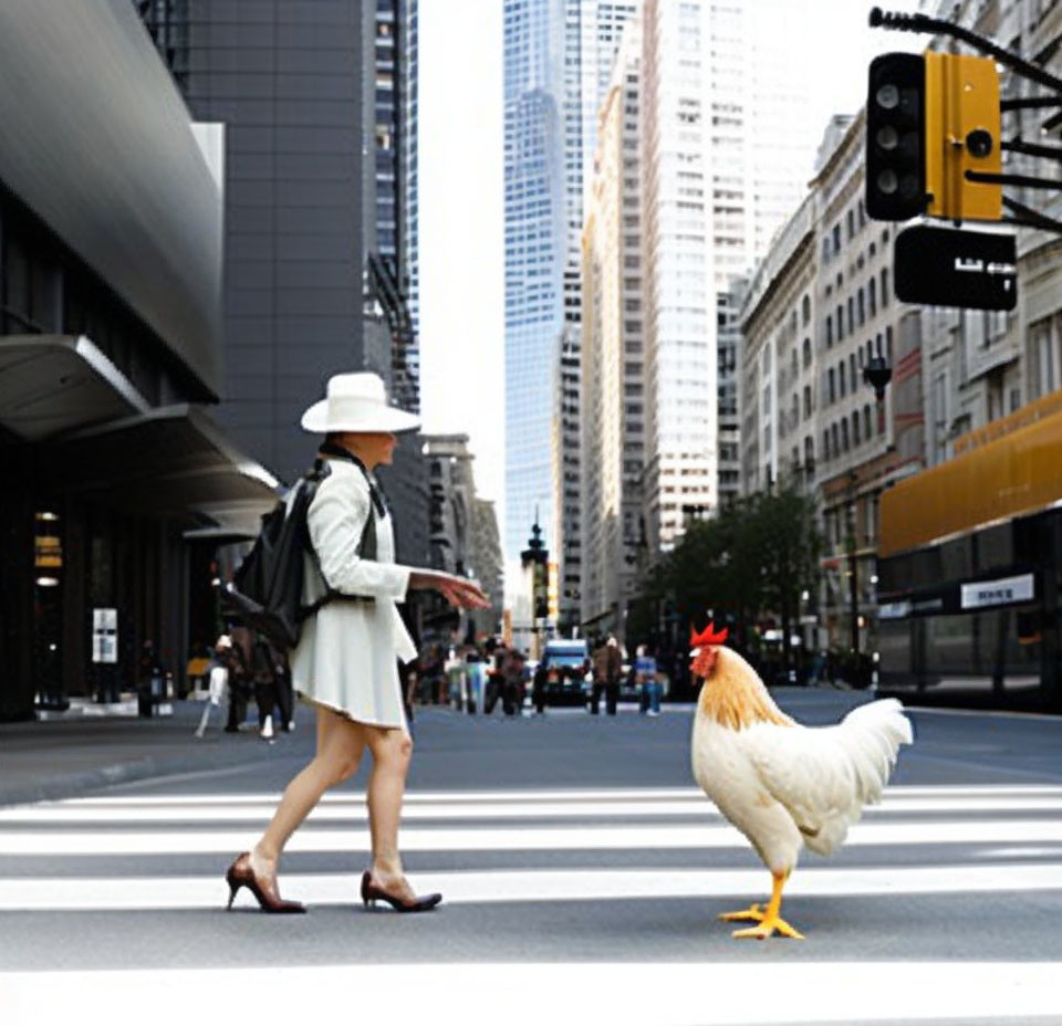 Woman in white dress and hat walks with chicken at urban crosswalk