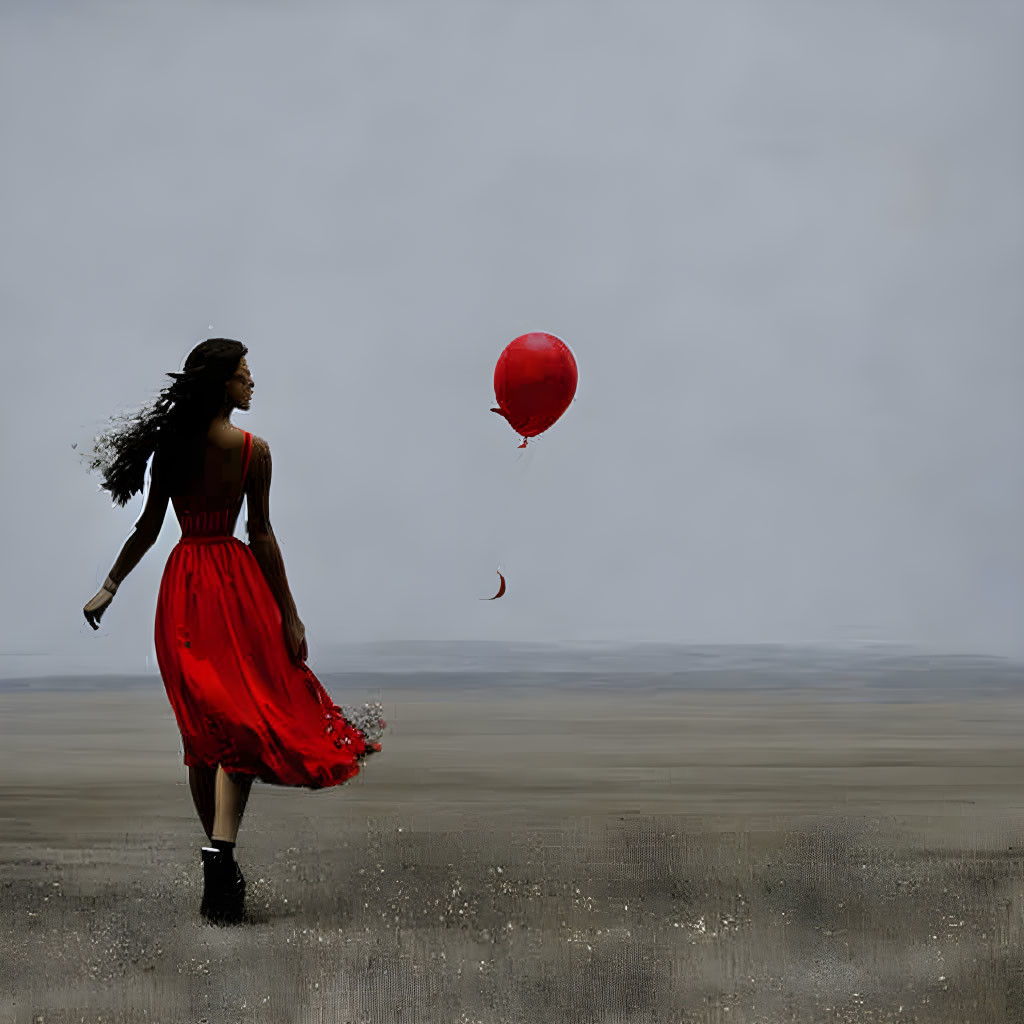 Woman in red dress and boots on misty shore with red balloon under crescent moon