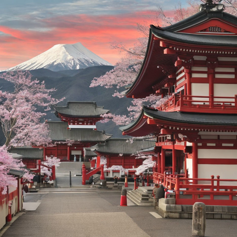 Japanese Pagoda with Cherry Blossoms & Mount Fuji at Sunset