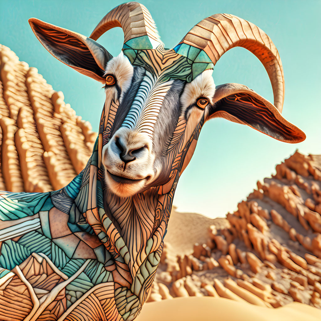 Multicolored geometric-patterned goat in desert landscape