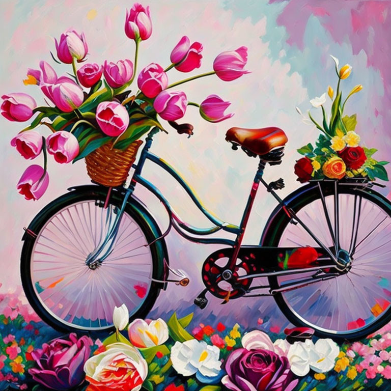 Colorful painting of classic bicycle with pink tulips and roses on abstract pink background