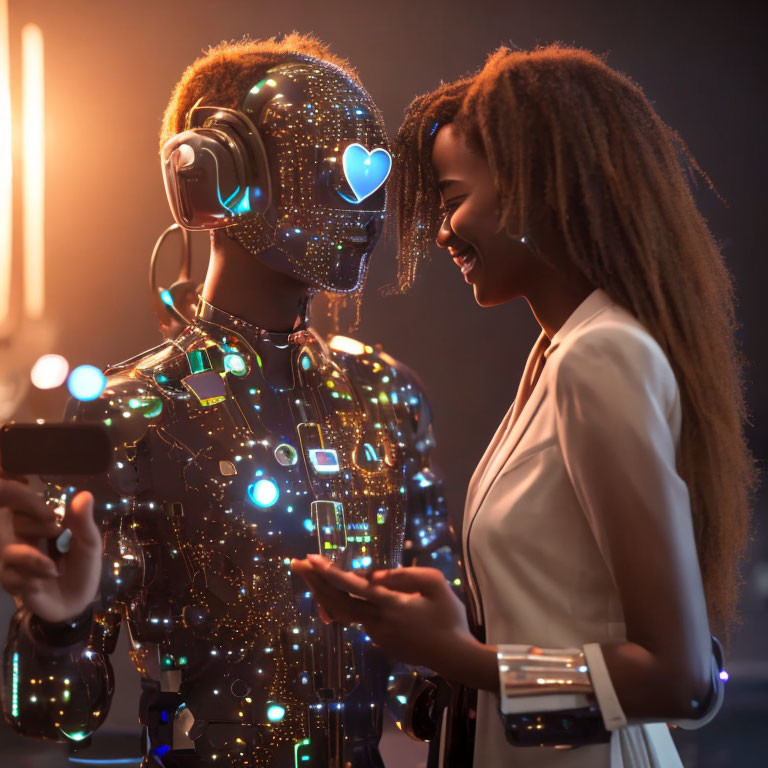 Woman smiling at illuminated circuitry-covered humanoid robot with heart symbol