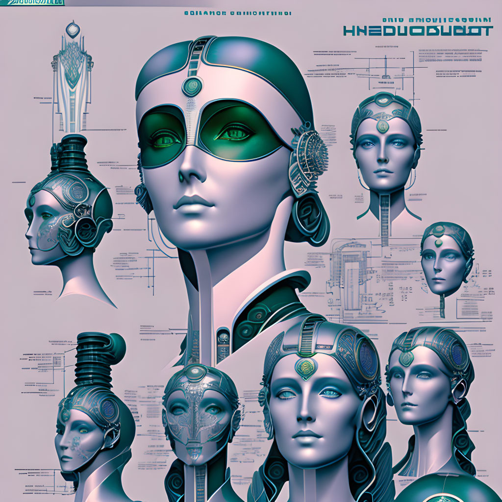 Stylized futuristic female robot head design with intricate mechanical details.