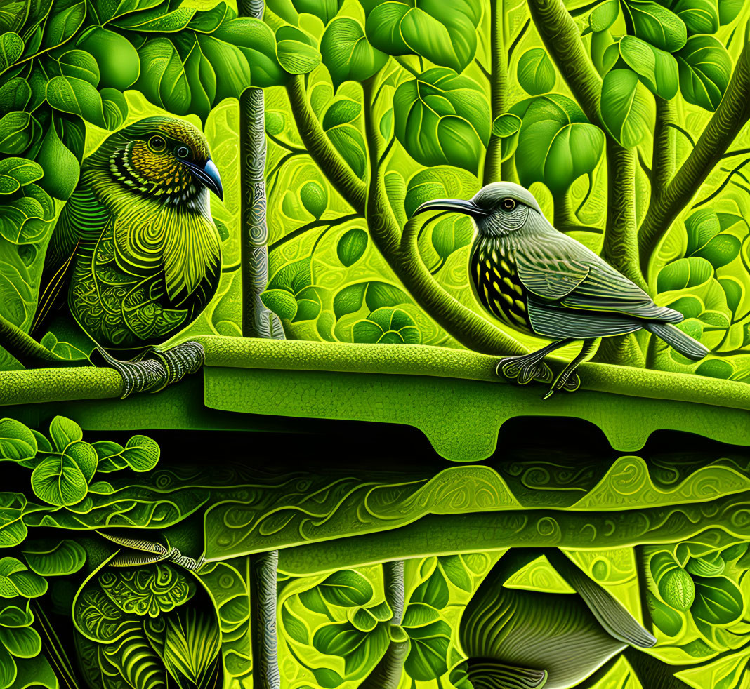 Colorful digital artwork: Two stylized birds in lush green environment