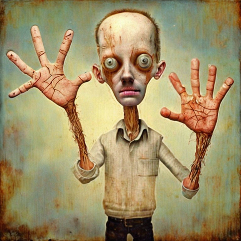 Character with oversized eyes and hands in surreal artwork on textured yellow background