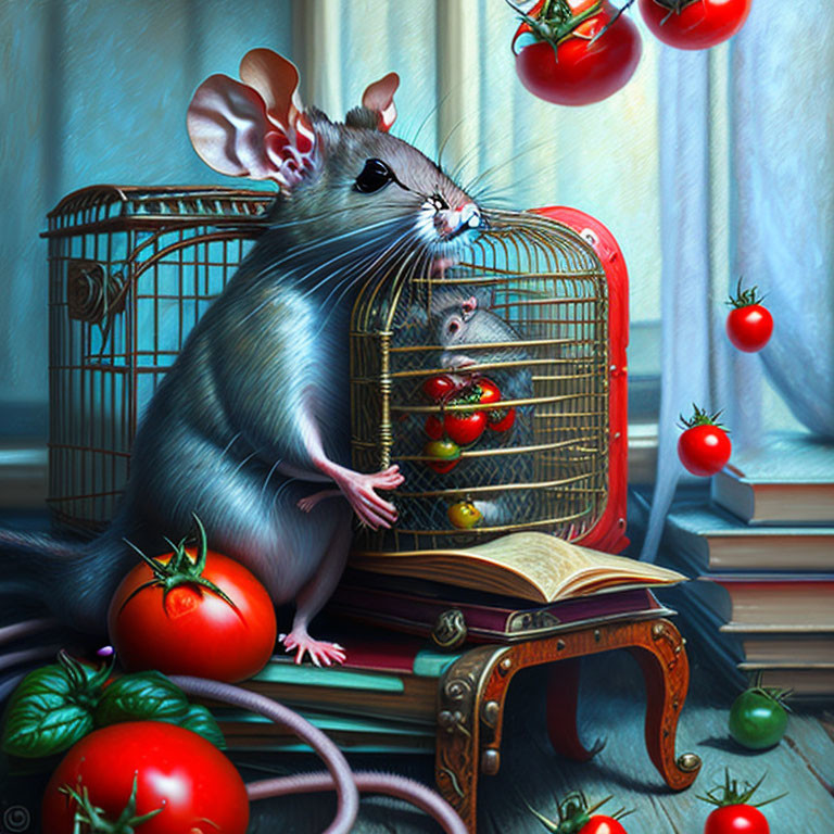 Anthropomorphic mouse with caged companion among tomatoes and vintage book.