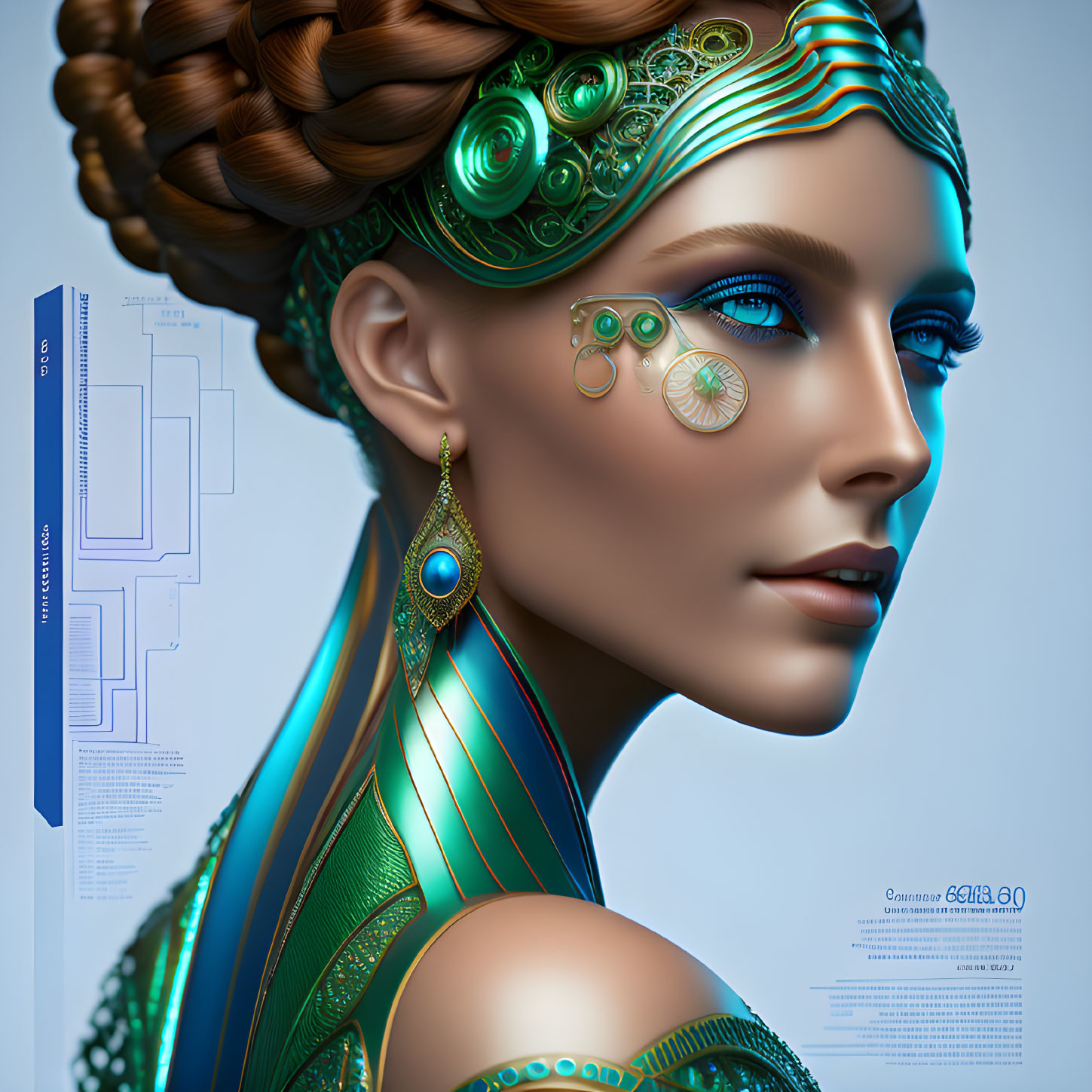 Futuristic portrait of a woman with metallic adornments and blue eyes