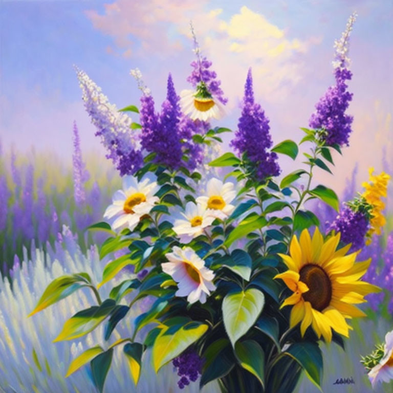 Colorful floral painting with sunflowers, daisies, and purple flowers in lavender field.