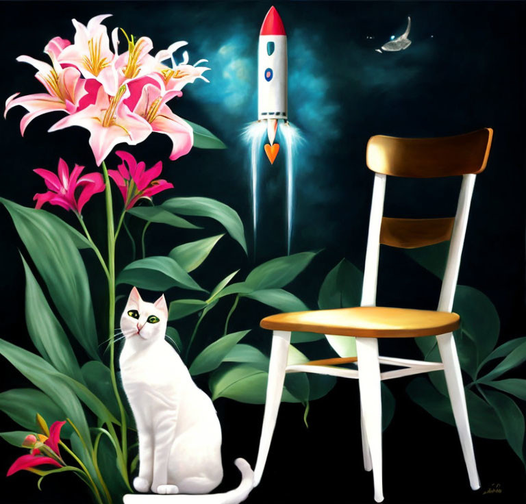 Whimsical white cat artwork with rocket, bird, lilies, and chair