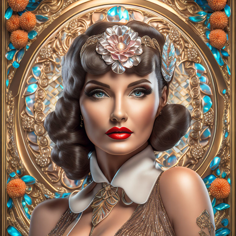 Digital artwork featuring woman with vintage hairstyle and red lips in ornate gold frame with stylized flowers and