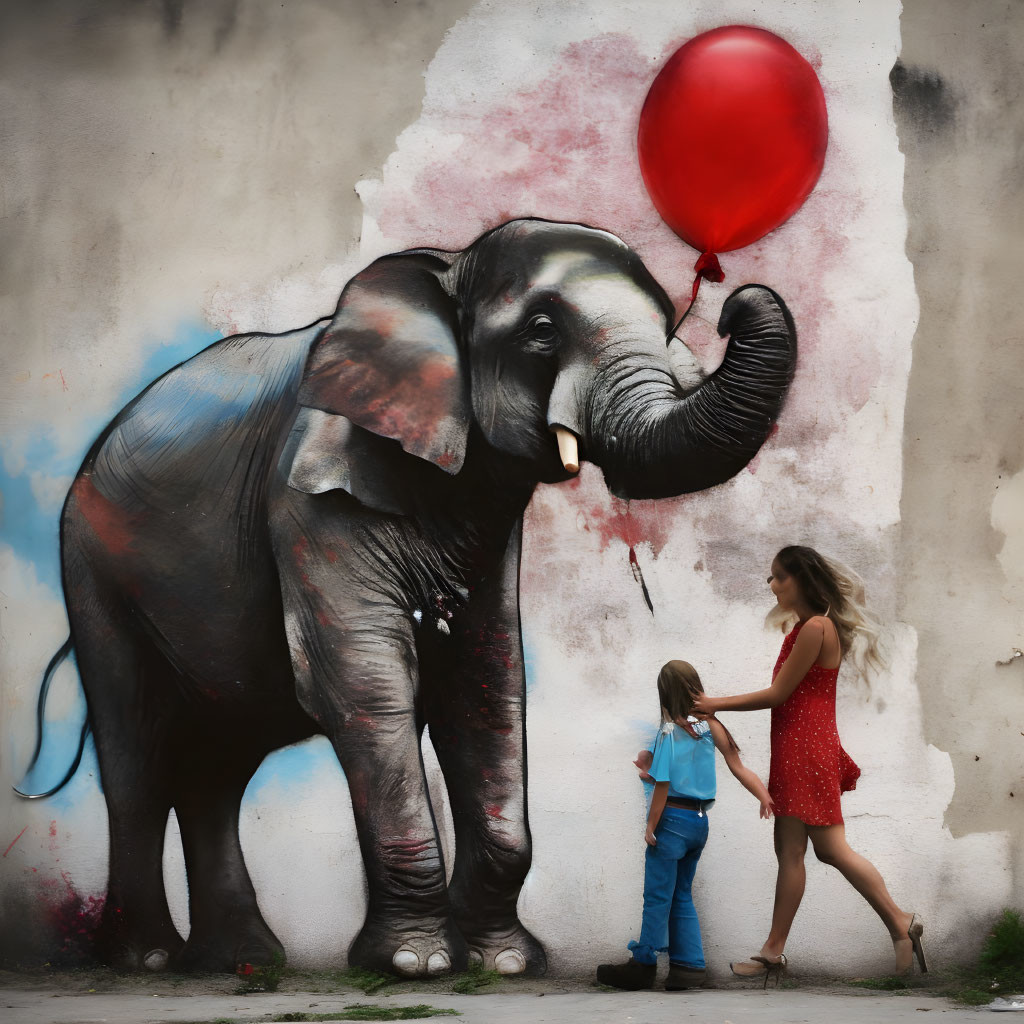 Mural featuring elephant, child with red balloon, and woman in red dress