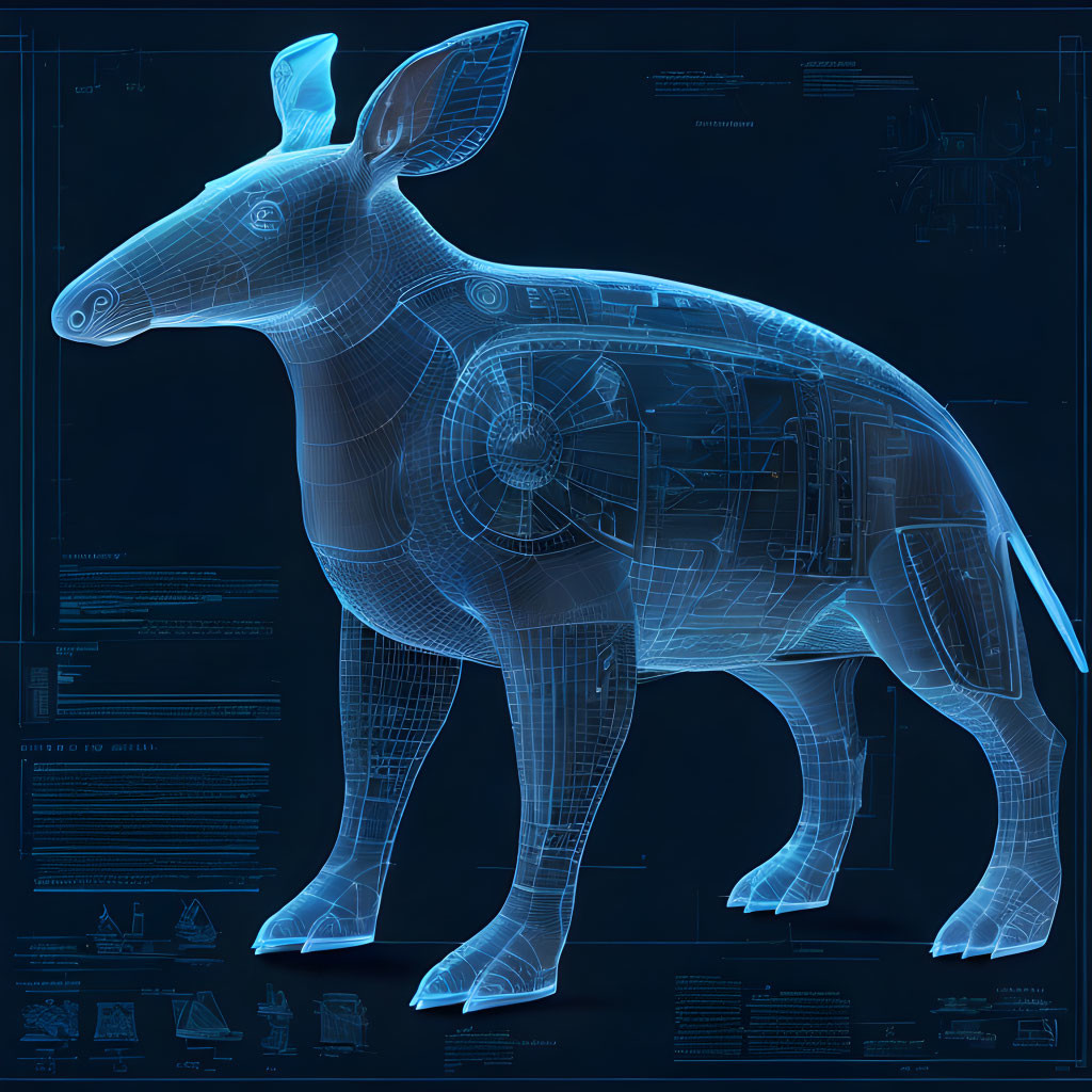 Detailed Kangaroo Blueprint on Dark Blue Background