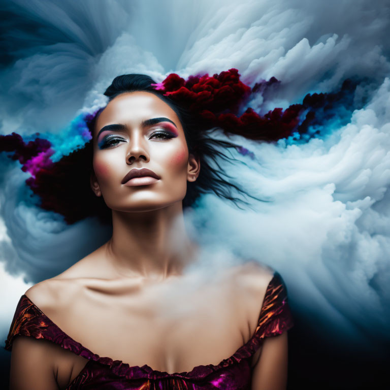 Woman with vibrant, swirling cloud-like colors and dramatic makeup