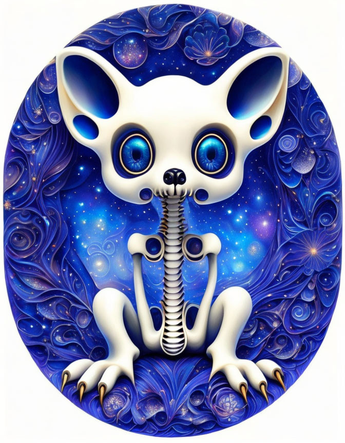 Whimsical skeletal creature with oversized head on cosmic blue background