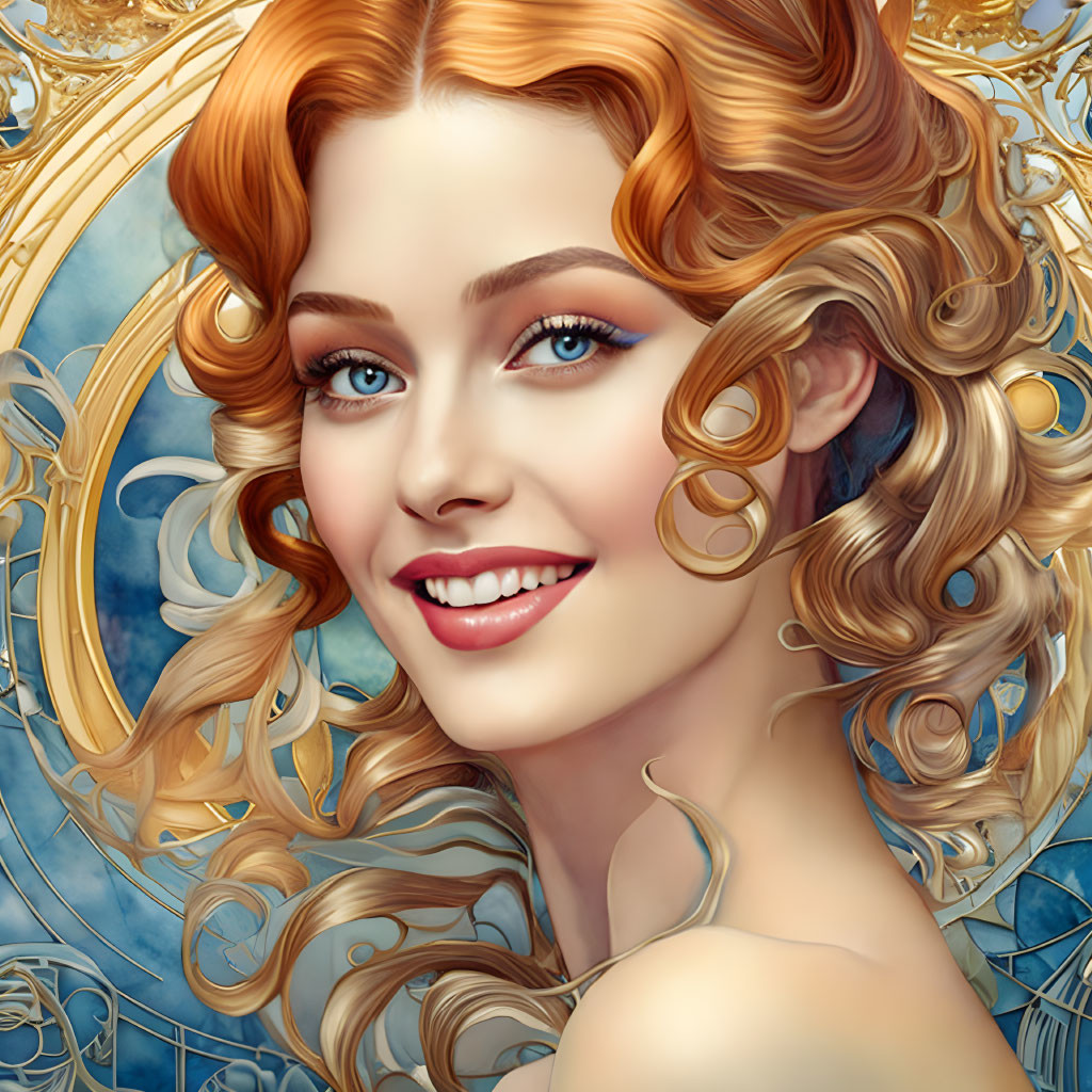 Blonde woman portrait with blue eyes on ornate blue background