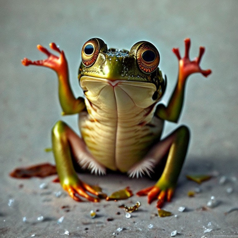 Vivid green frog with striking eyes and orange-tinted limbs on grey surface