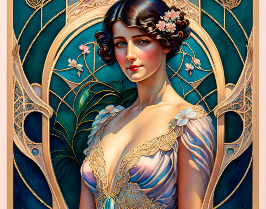 Stylized art nouveau portrait of woman with floral frame & pastel dress