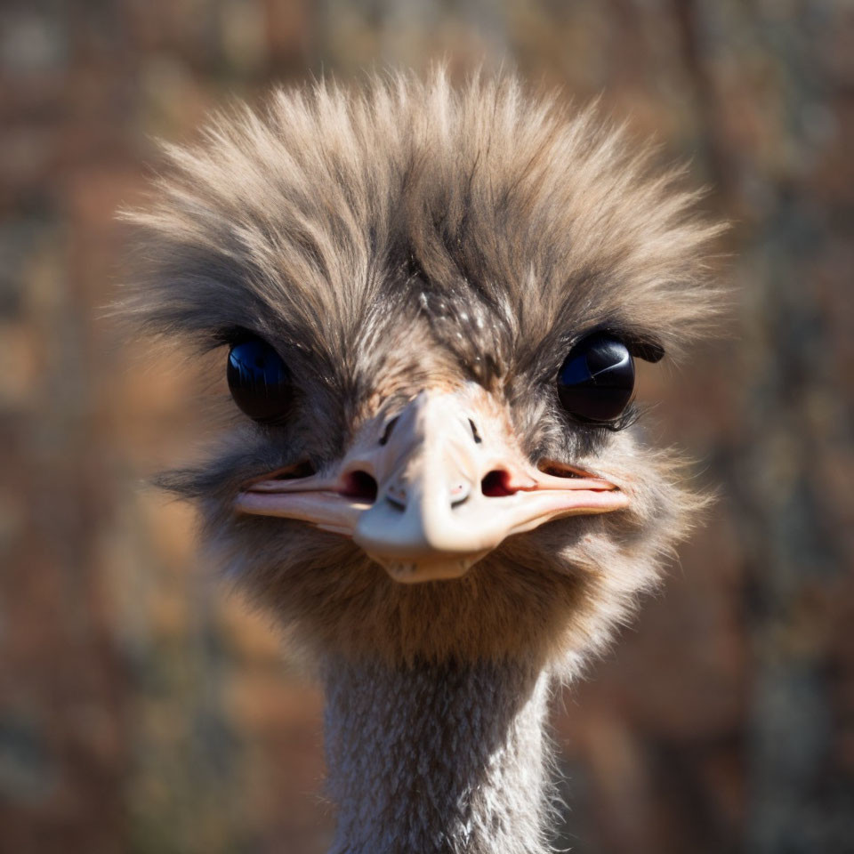 Close-up of ostrich head with large eyes and fluffy feathers.