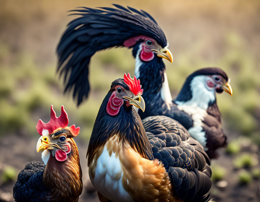 Colorful Chickens with Vibrant Plumage in Natural Setting