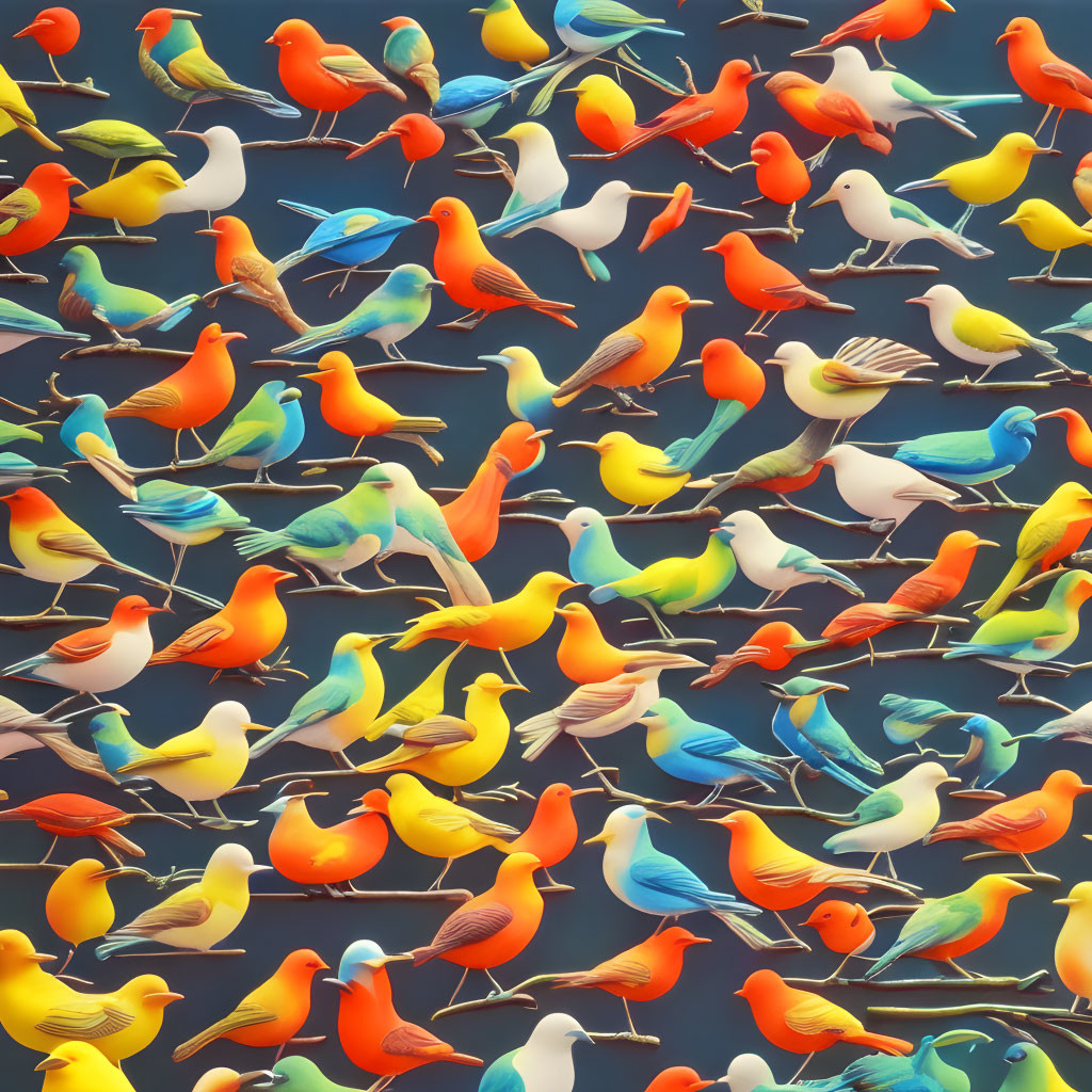 Vibrant Bird Figurines on Parallel Wires Against Blue Background