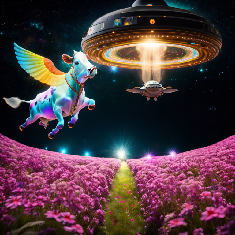 Flying cow with wings over purple flower field and UFOs in starry sky