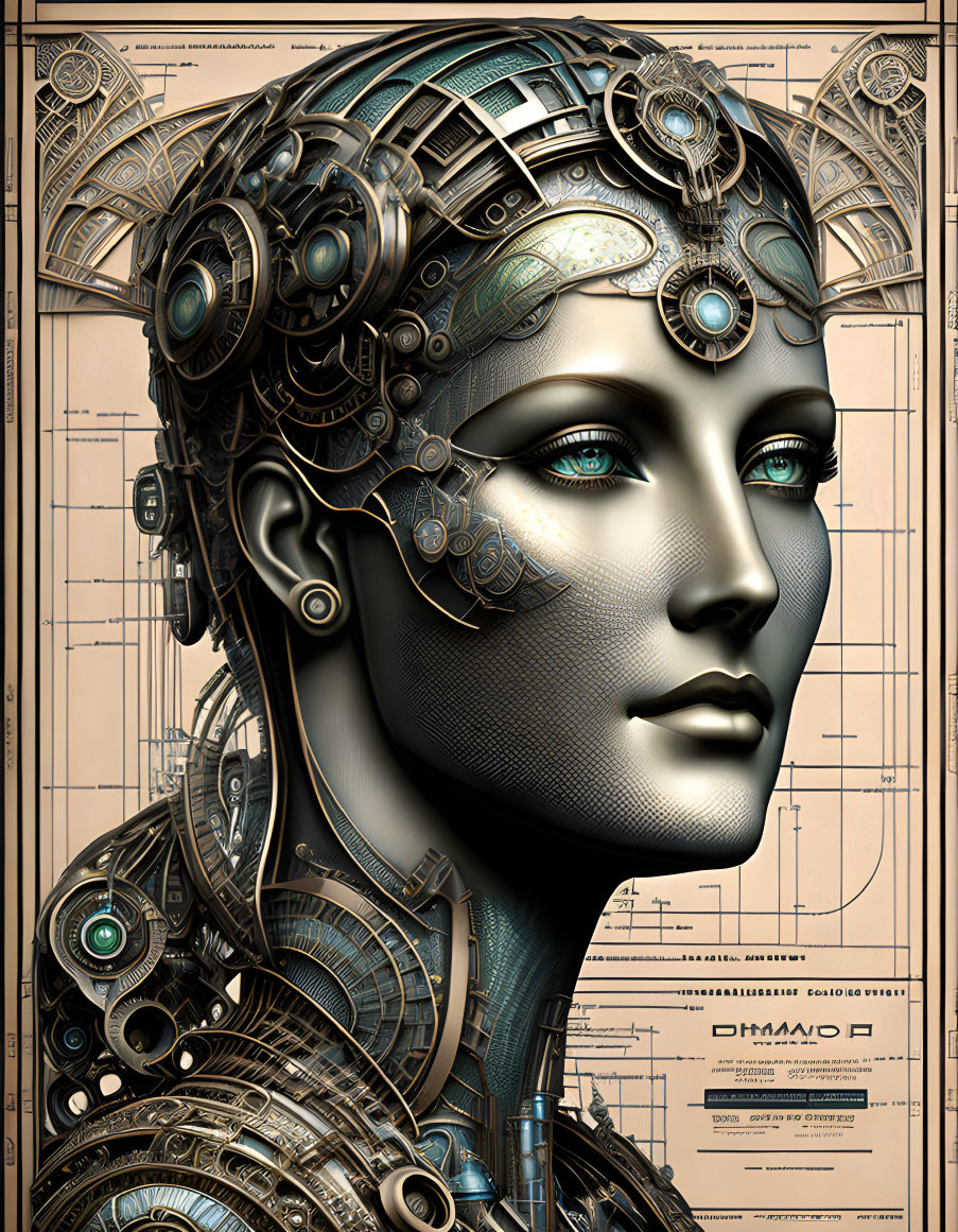 Female Android with Intricate Mechanical Details on Blueprint Background