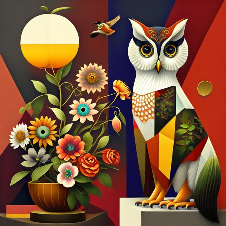 Colorful Geometric Owl Artwork with Flowers and Sun