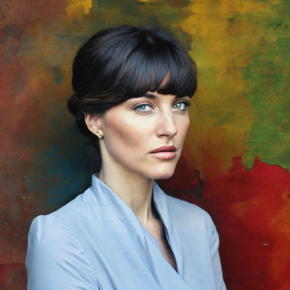 Portrait of woman with dark hair and blue eyes on colorful abstract background